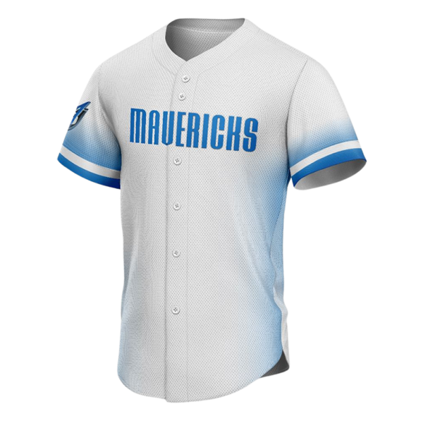 Custom Button Down Baseball Jerseys – Mavericks White Blue Fade