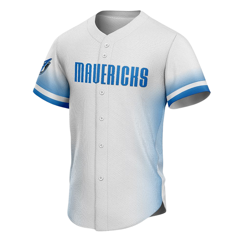 Custom Button Down Baseball Jerseys – Mavericks White Blue Fade