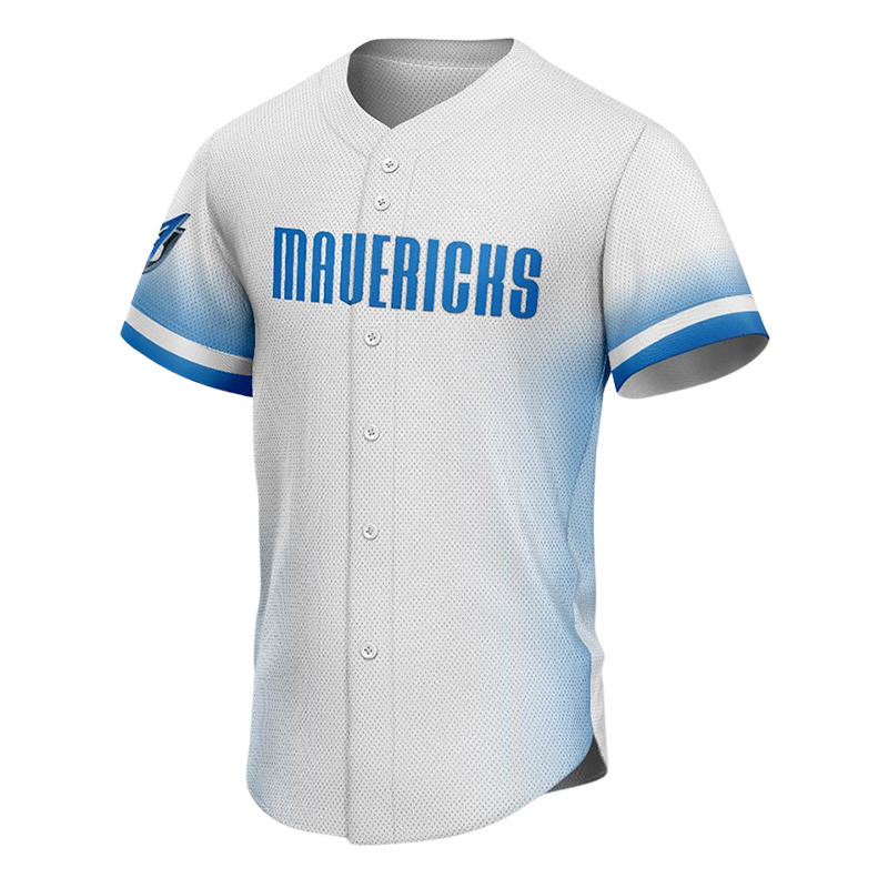 Custom Button Down Baseball Jerseys – Mavericks White Blue Fade