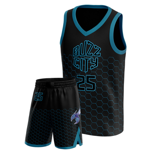 Buzz City Home Uniform – Black Hex Basketball Set with Blue Trim