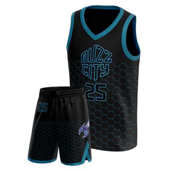 Buzz City Home Uniform – Black Hex Basketball Set with Blue Trim