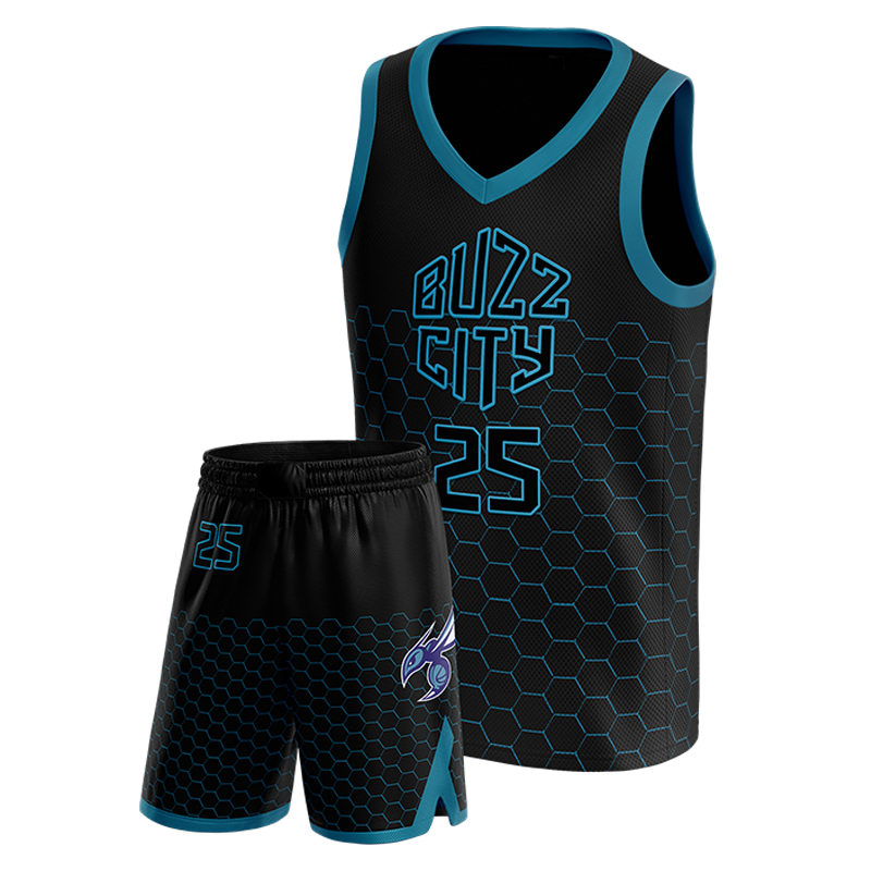 Buzz City Home Uniform – Black Hex Basketball Set with Blue Trim