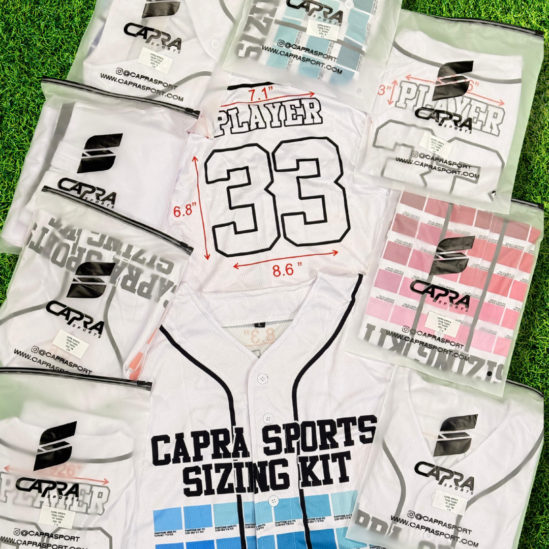 Team uniform sizing kit from Capra Sports with jersey samples and measurements