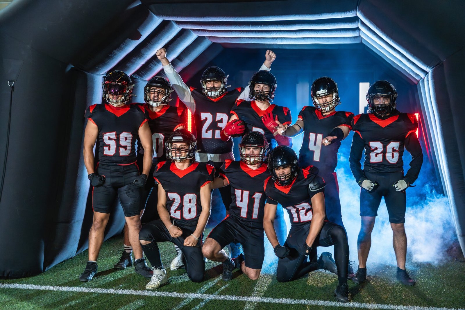 Team in matching custom uniforms ready to enter the stadium