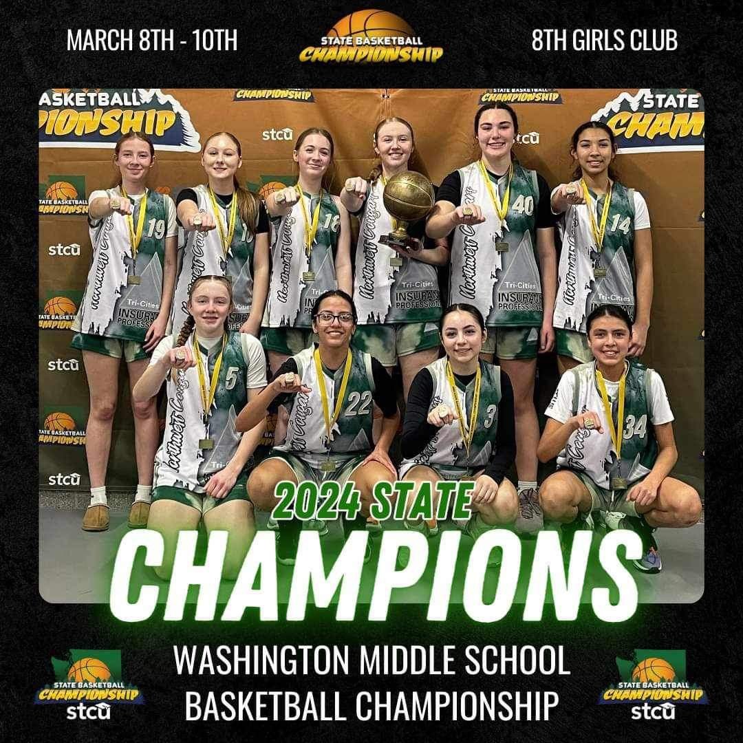 Girls basketball team 2024 state champions in custom green Capra uniforms with medals