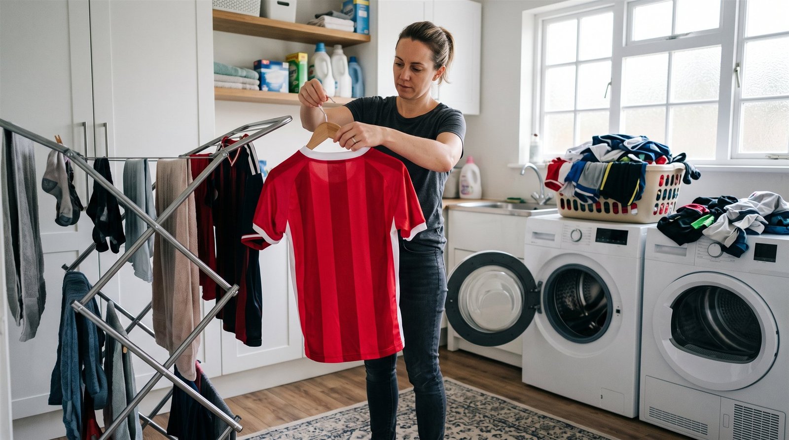 Parent hanging a red and white sublimated jersey to air dry beside a drying rack in a laundry room
