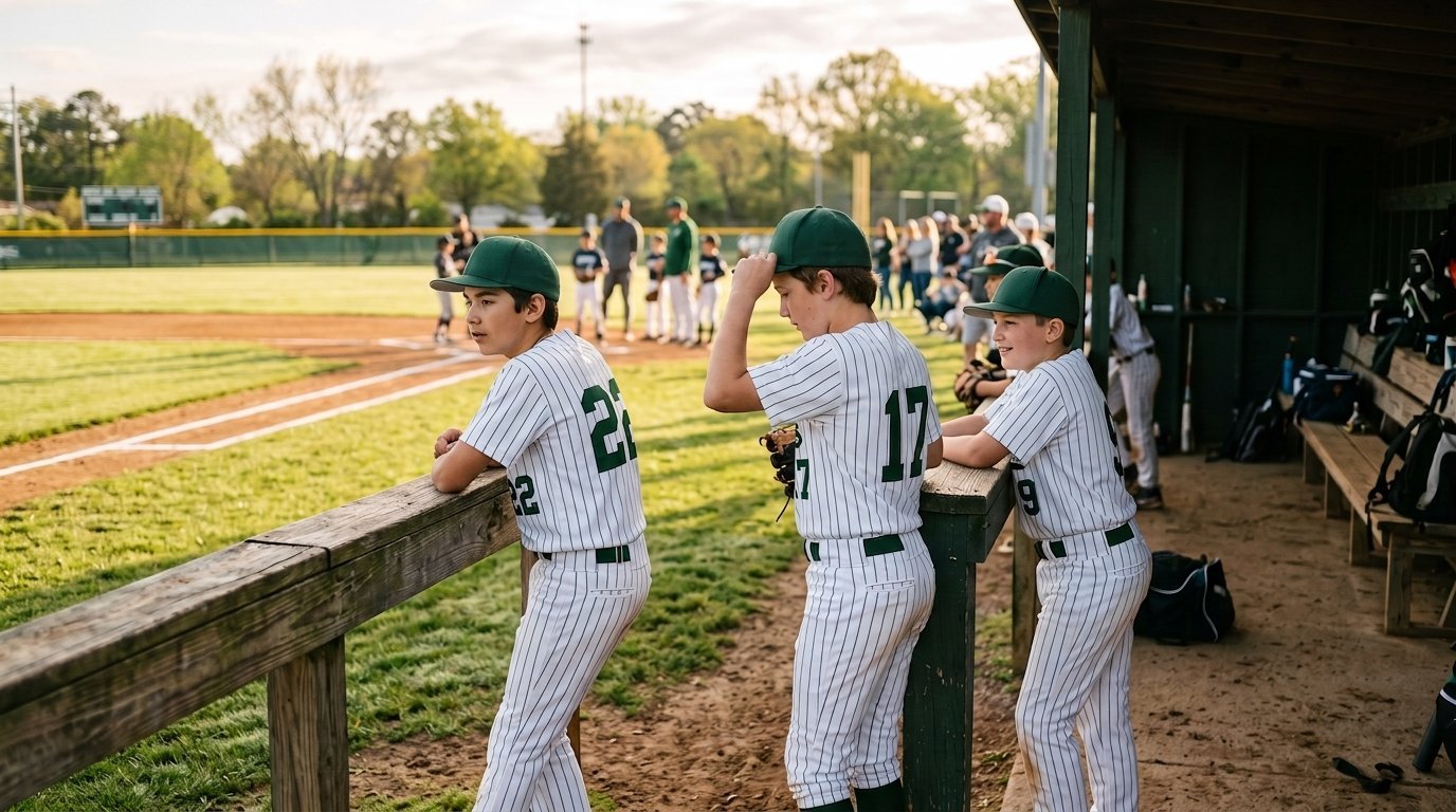 Youth baseball players leaning on the dugout rail in new white pinstripe uniforms with green caps on opening day