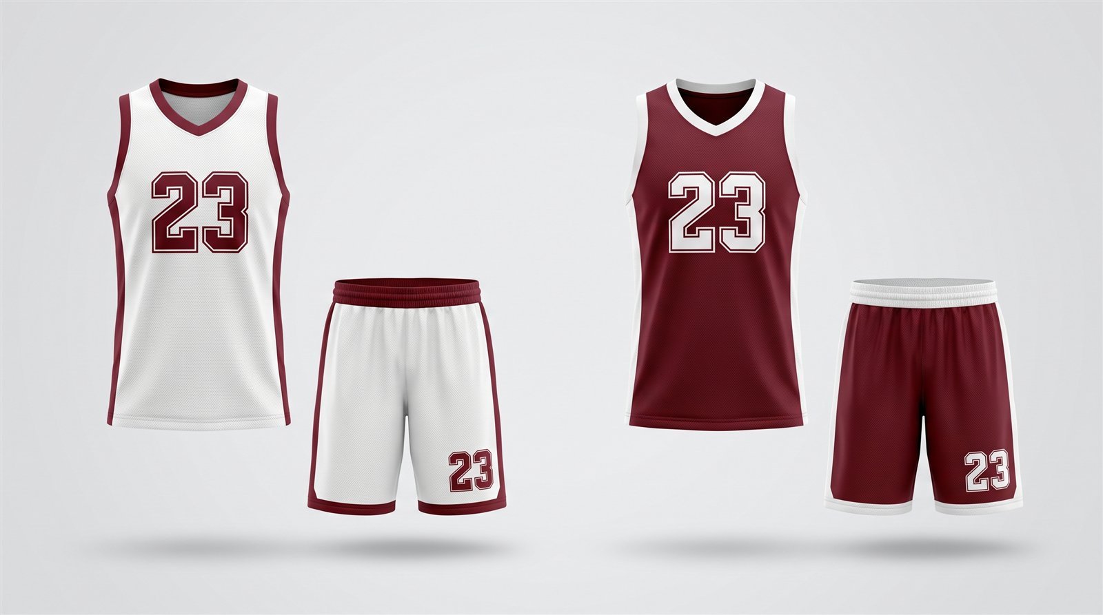 Dedicated home and away basketball uniform sets - white with maroon trim beside maroon with white trim