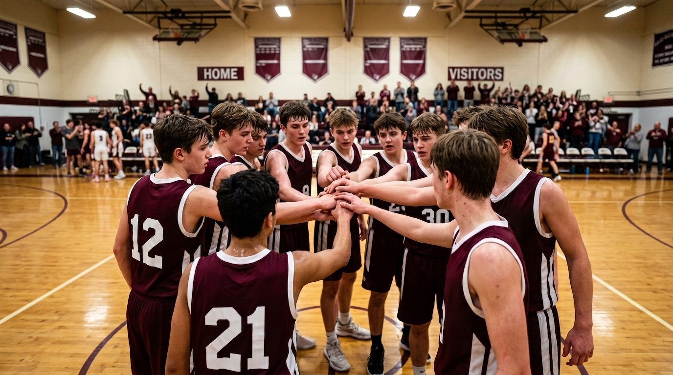 Youth basketball team in maroon and white uniforms stacking hands in a huddle at center court