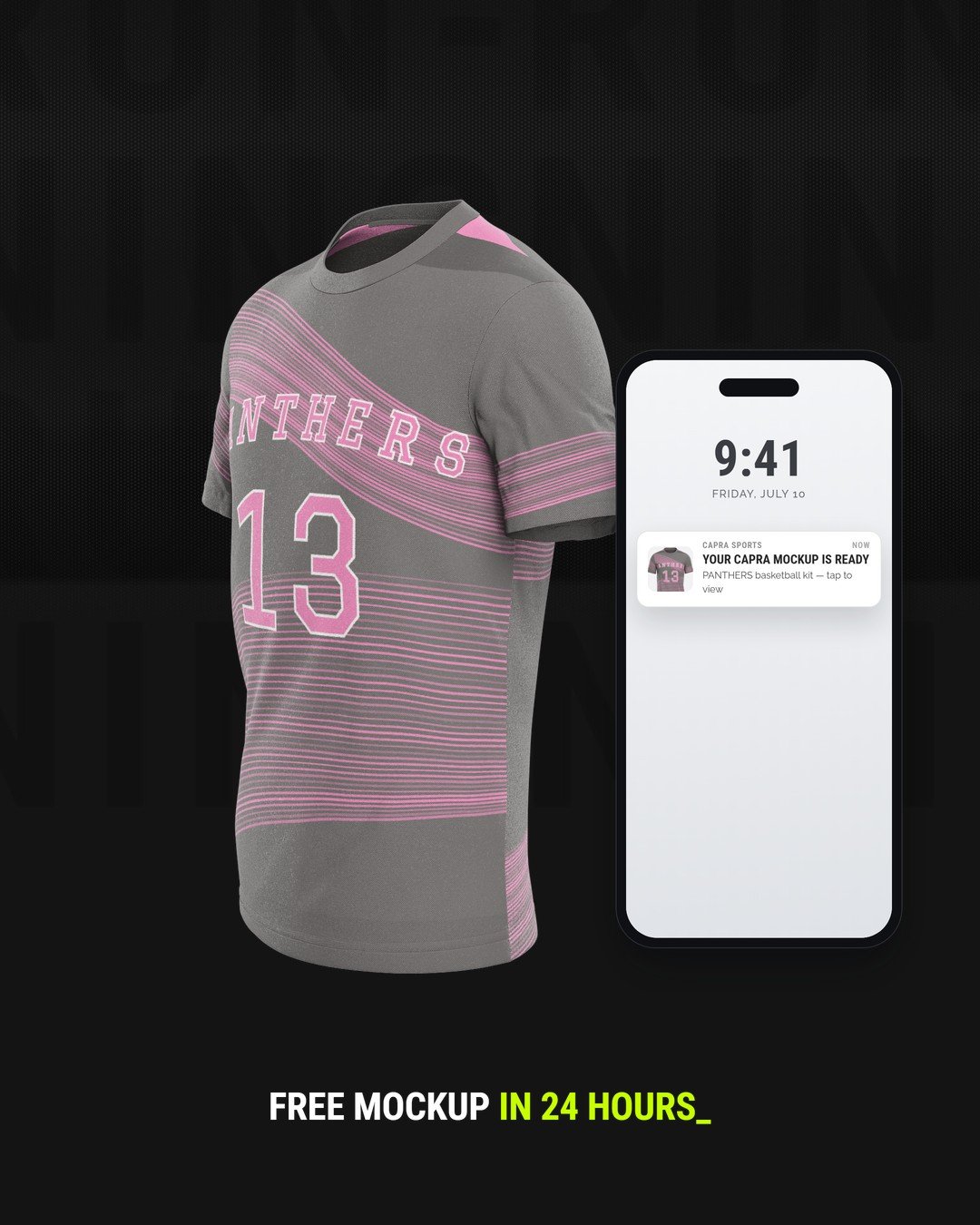 Finished Panthers kit spinning beside the mockup-ready phone notification on a dark stage