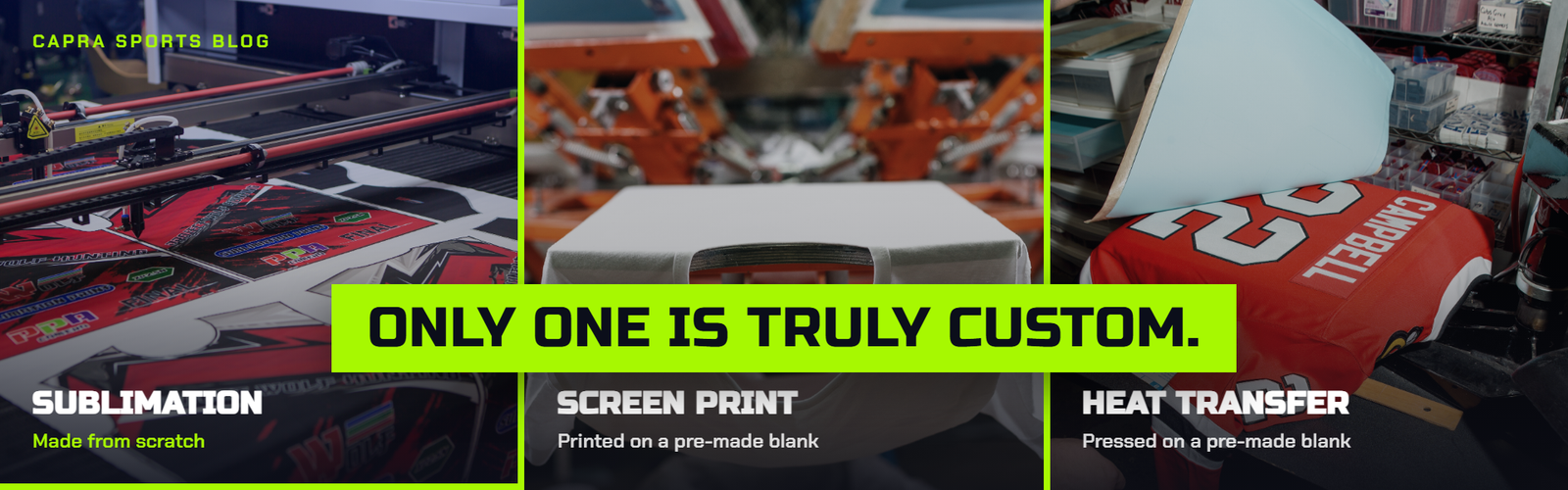 Sublimation, screen printing, and heat transfer jersey decoration methods compared side by side - only sublimation is truly custom