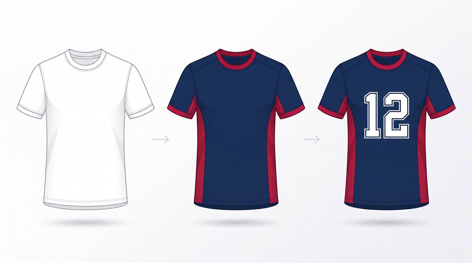 Three stages of a custom jersey design - blank template, team colors applied, finished jersey with number