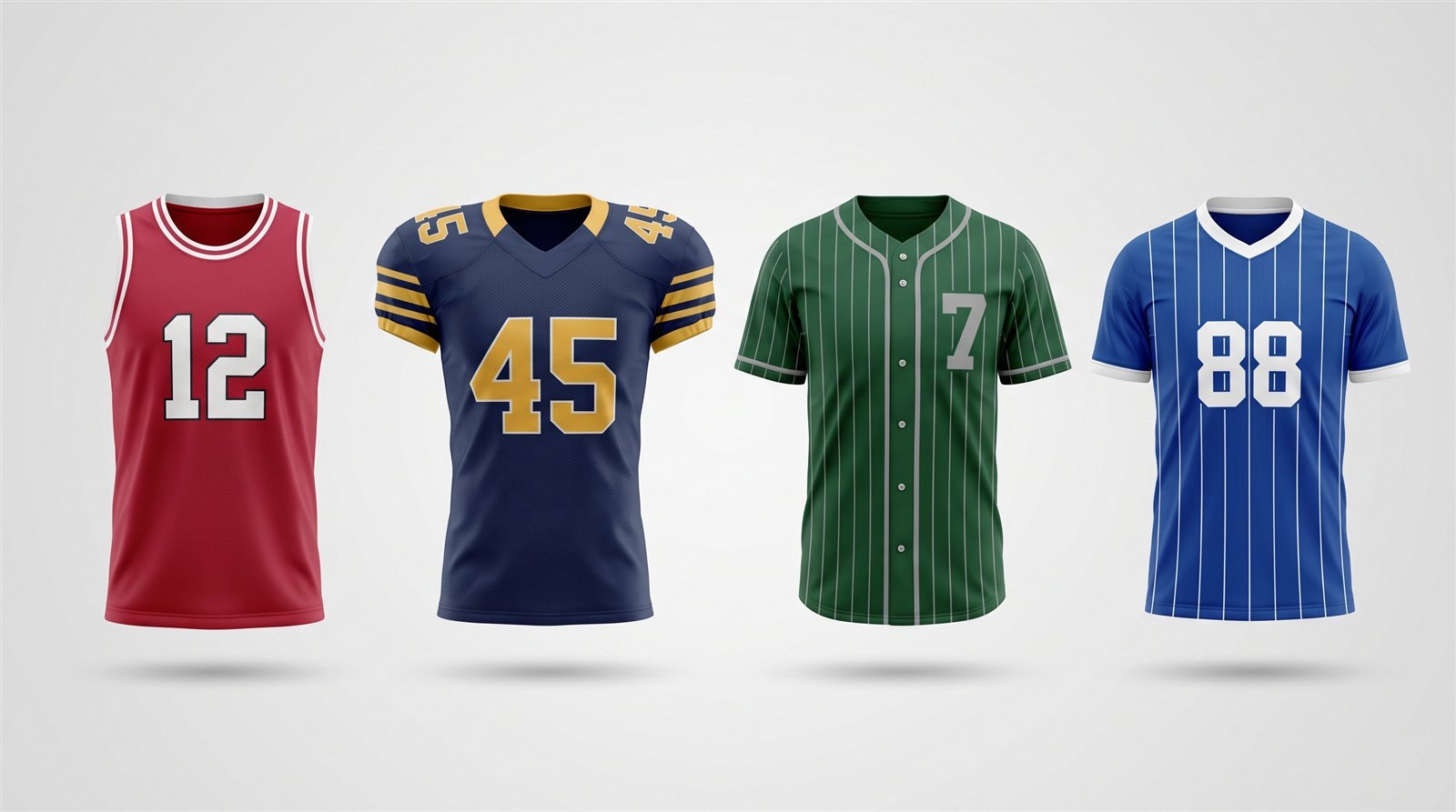 Side-by-side comparison of custom jersey styles for basketball, football, baseball, and soccer in different team colors