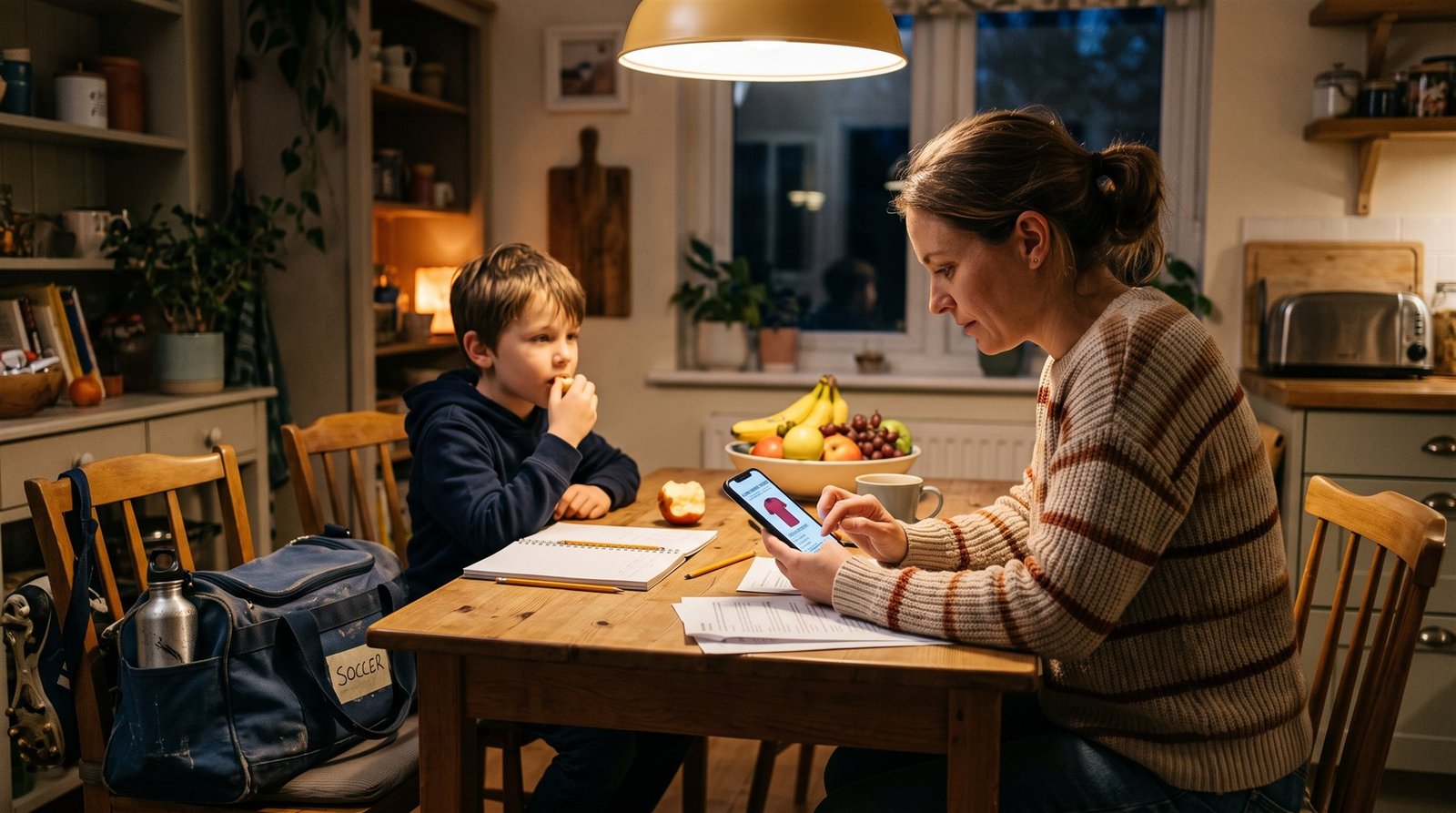 Parent at the kitchen table ordering their child's team jersey on a phone while the packed sports bag waits by the chair