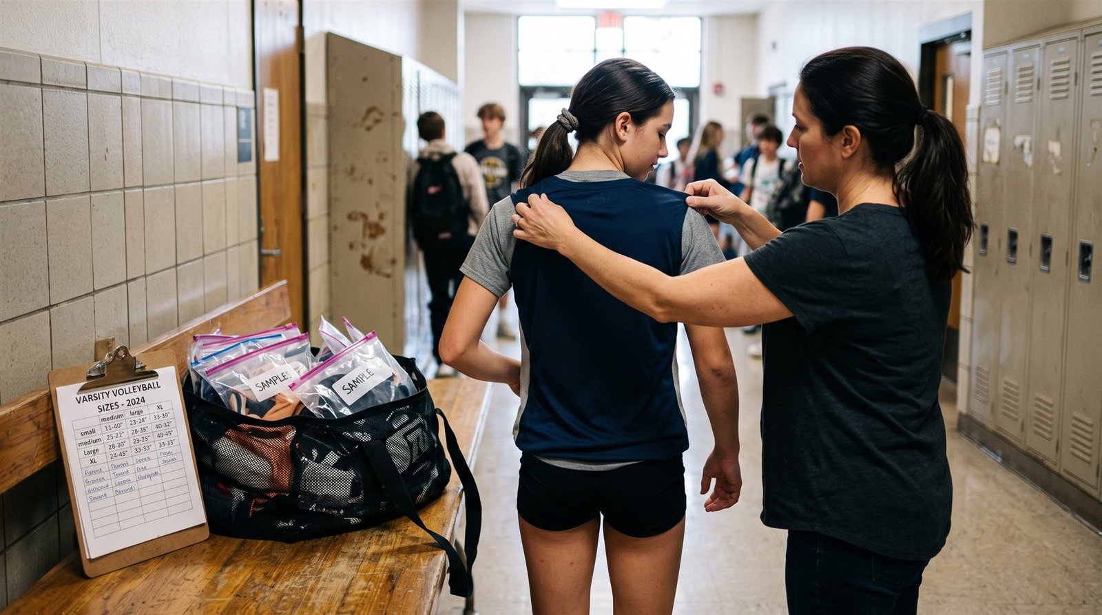 Player trying on a navy sample jersey while a parent checks the shoulder fit, sizing kit samples and size chart nearby