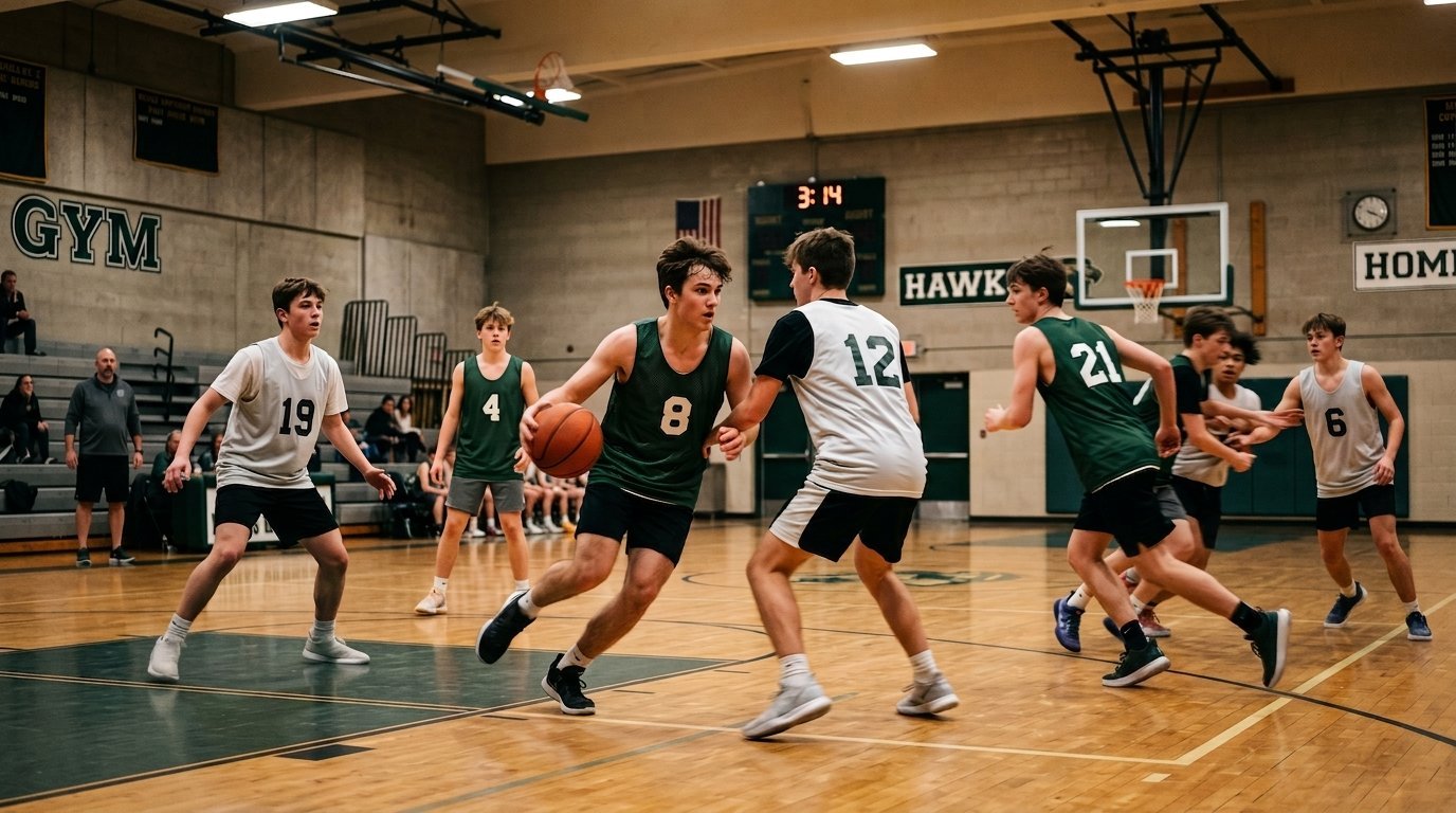 Youth basketball practice scrimmage with half the players in green jerseys and half flipped to the white side