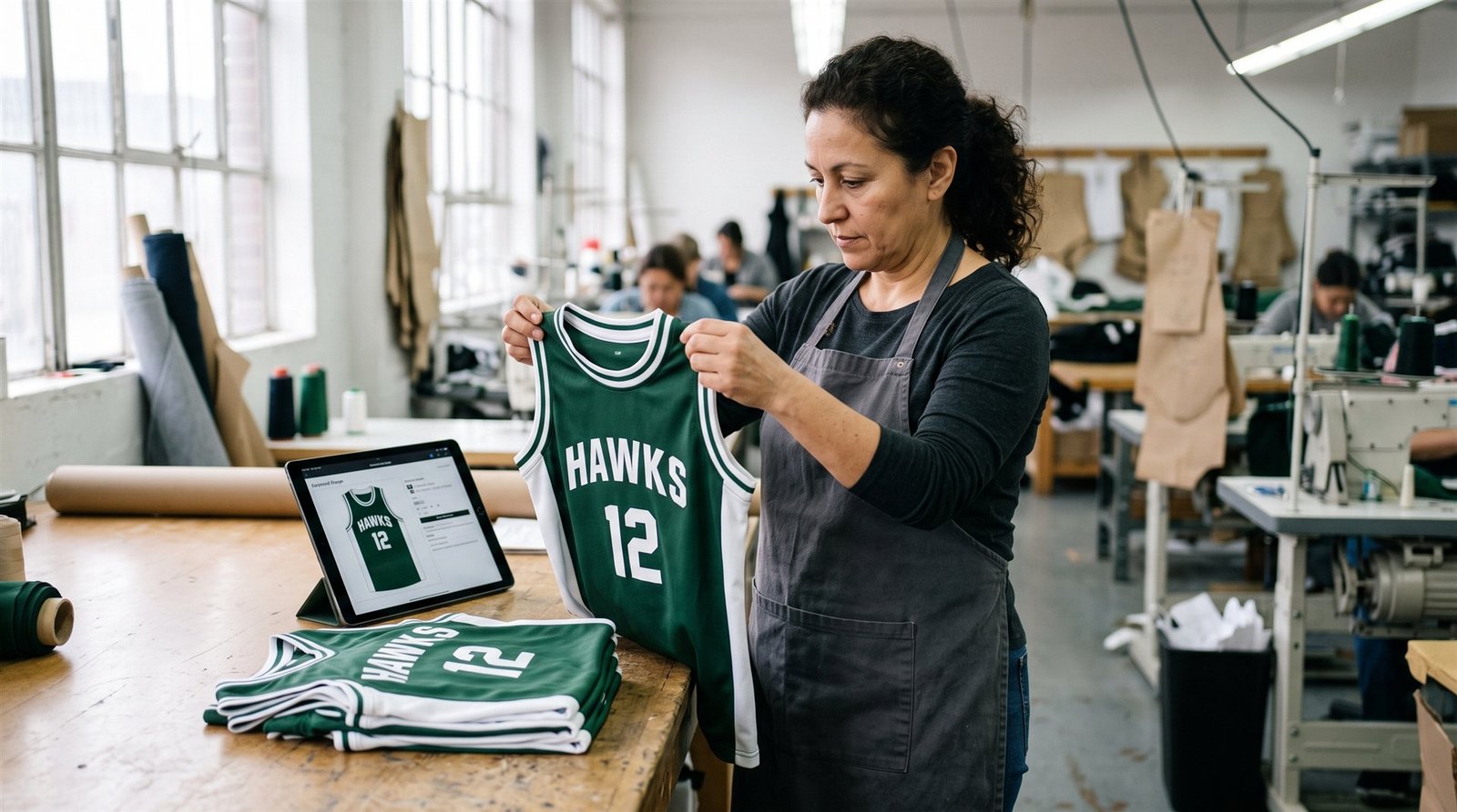 Worker holding a finished green custom jersey next to the approved design mockup on a tablet