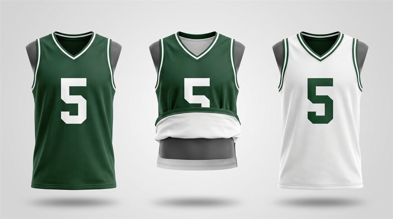 Reversible basketball jersey shown in three stages - green side out, half flipped, and fully reversed to white