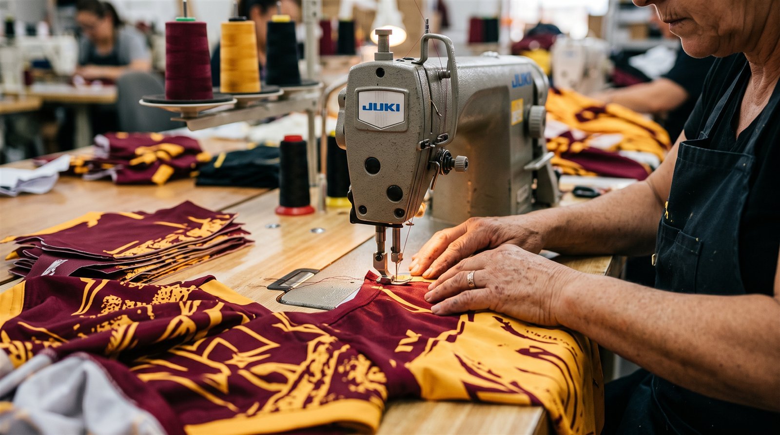 Hands guiding vividly printed maroon and gold jersey panels through an industrial sewing machine