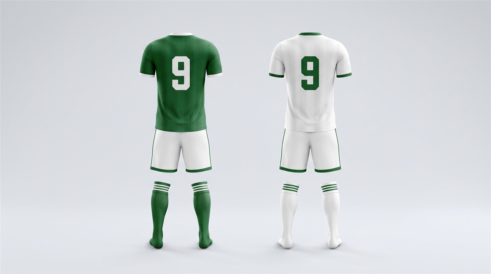 Home and away soccer kit pairing - green jersey with white shorts and the reversed white jersey with green trim