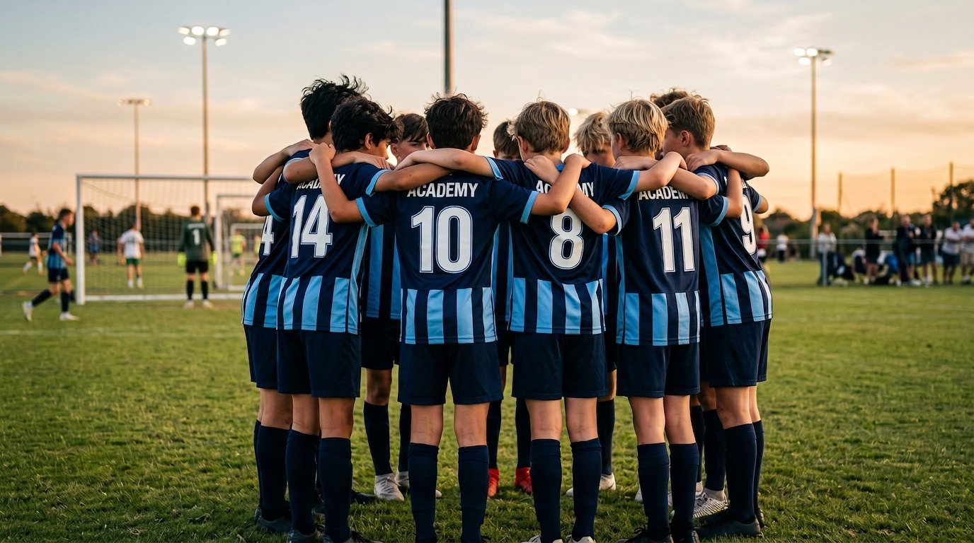 Youth soccer team in matching navy and sky blue kits huddled together before a match at golden hour