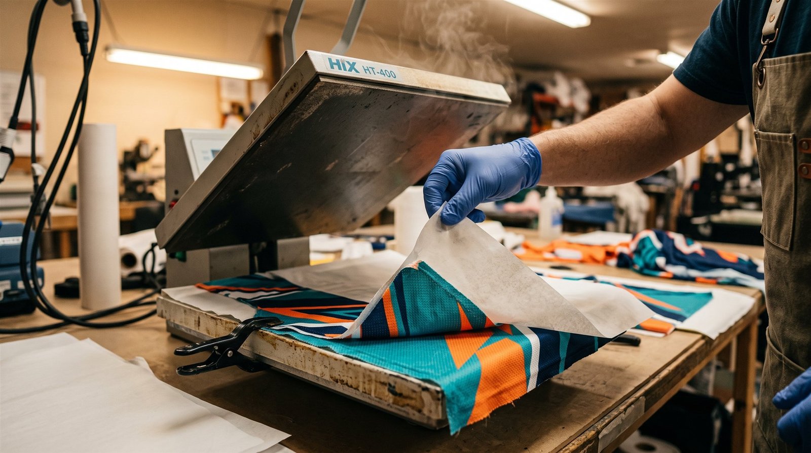 Gloved hand peeling transfer paper off a heat press to reveal a vivid teal and orange sublimated jersey design