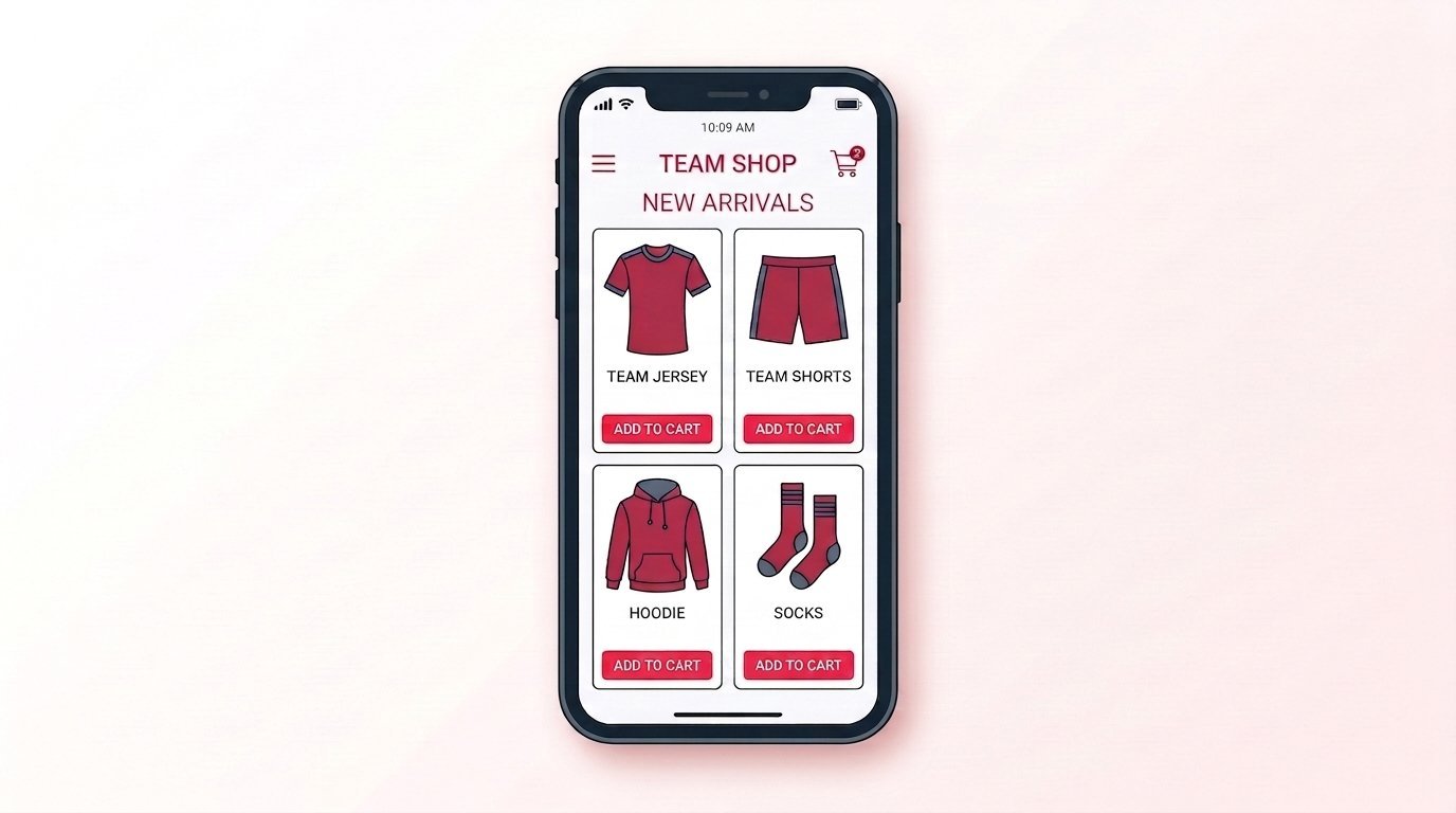 Illustration of a team store on a phone screen with jersey, shorts, hoodie, and socks ready to add to cart