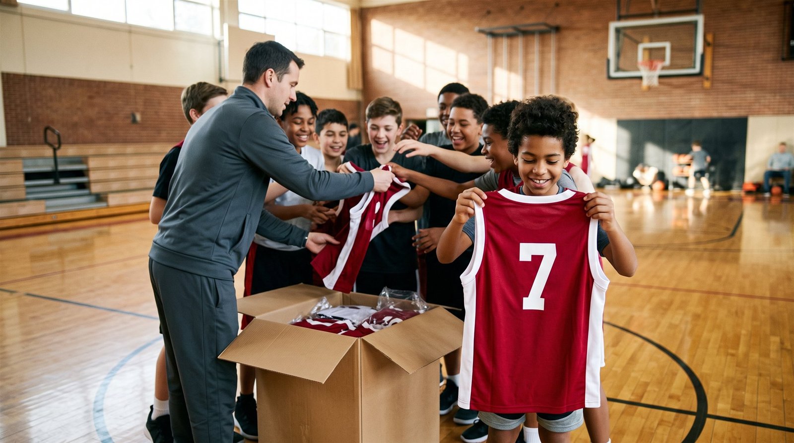 Youth basketball team gathered around an open box at practice as the coach hands out new crimson custom jerseys