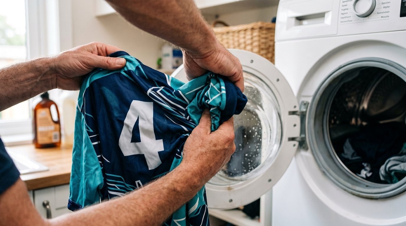 Hands turning a teal and navy sublimated jersey inside out next to an open washing machine