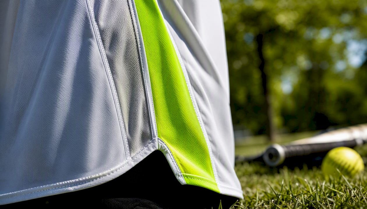 Close-up of color-blocked softball jersey details