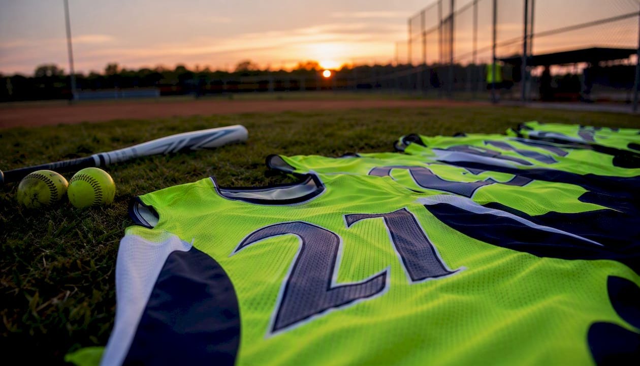 Partial softball jerseys on bench with field background