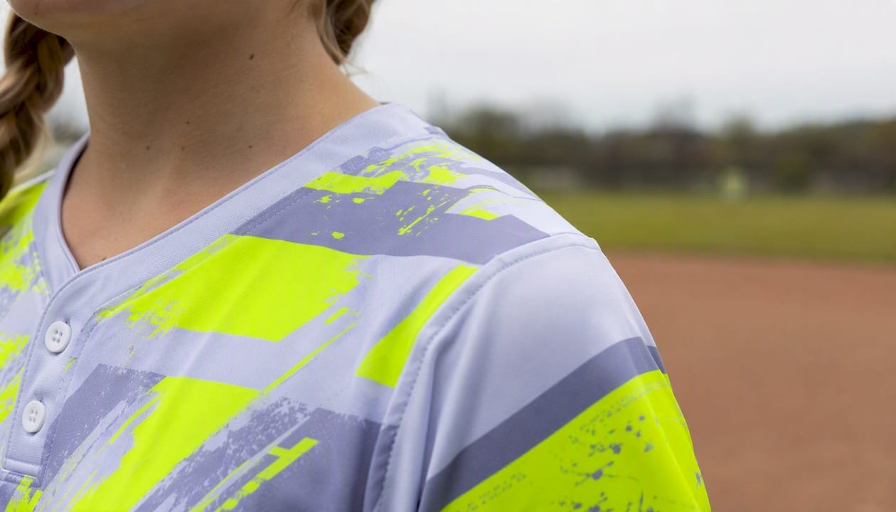 Close-up of colorful sublimated softball jersey fabric