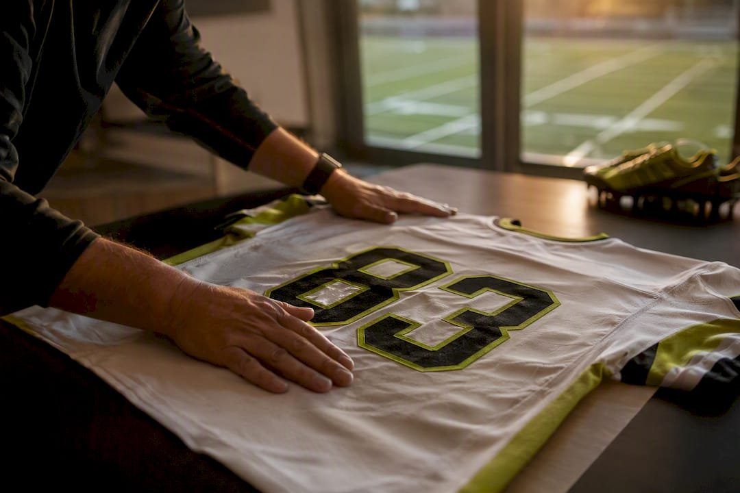 Coach arranging throwback football jersey flat-lay