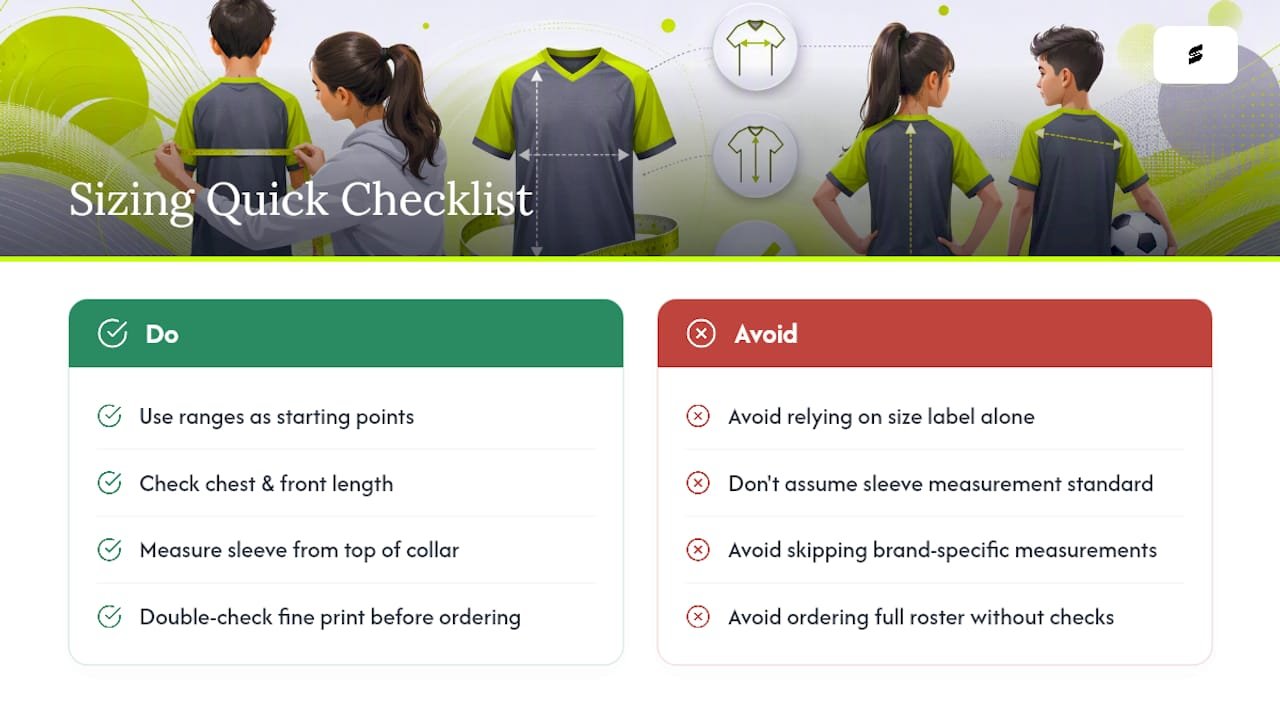 Youth jersey size chart with chest and sleeve measurements