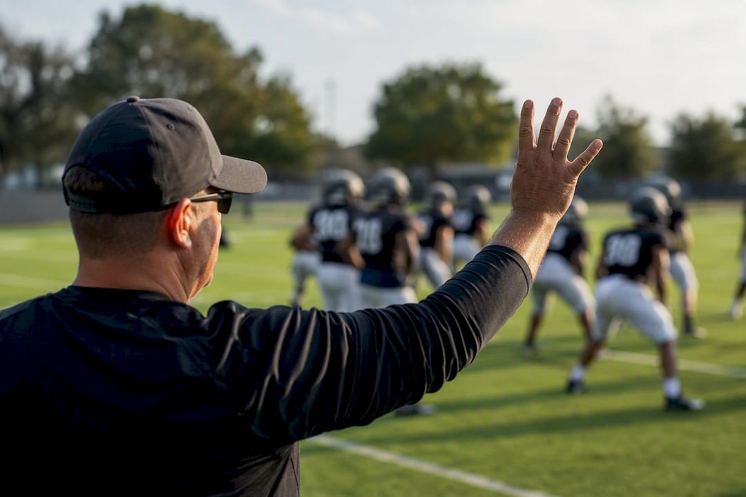 Coach signaling player eligibility on football practice field