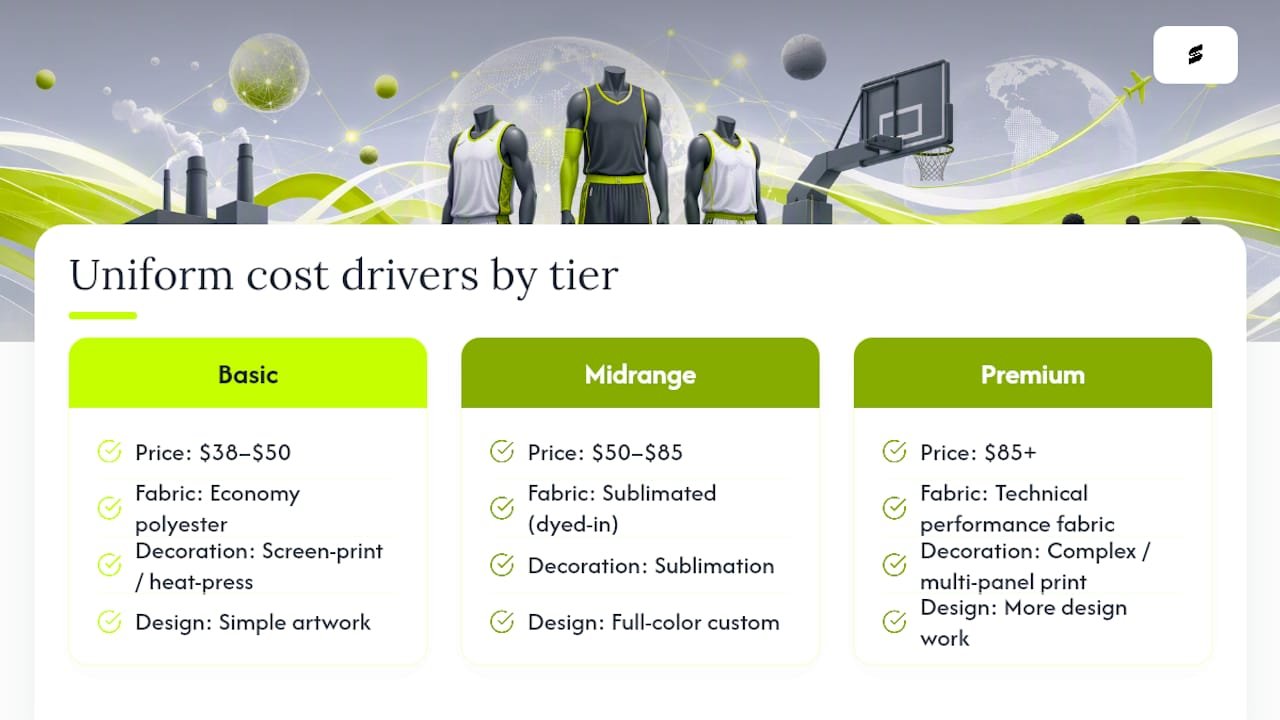 Cost tiers comparison diagram of basketball uniforms
