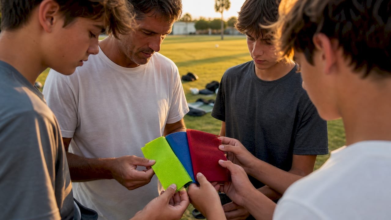 Coach and players holding uniform fabric swatches