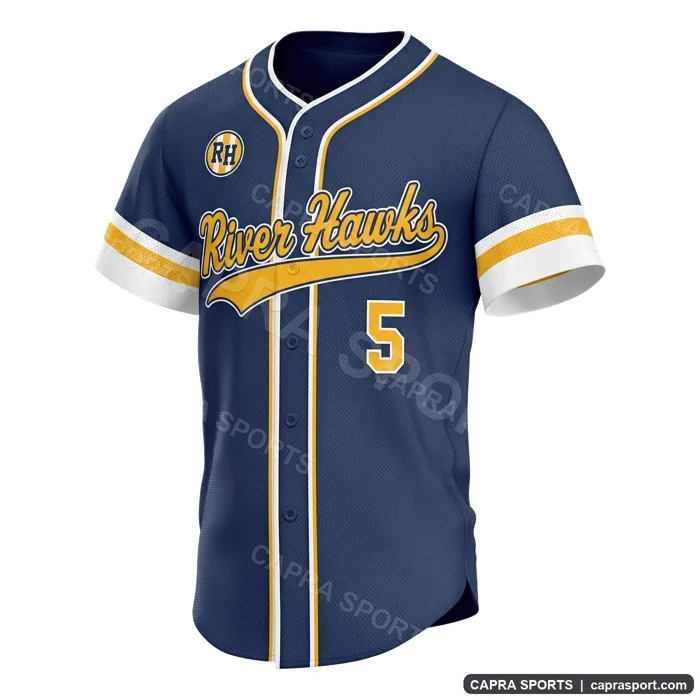 Custom baseball jersey in navy with a script wordmark, designed with the Capra Sports AI jersey customizer