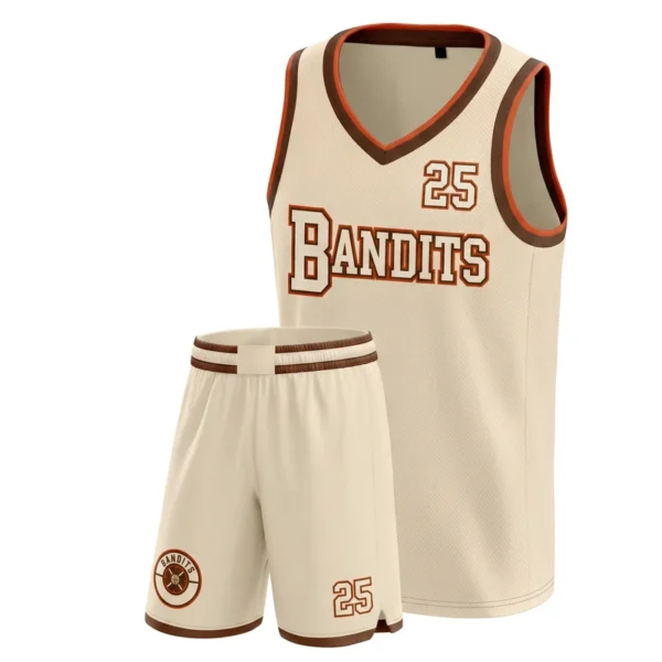 Custom basketball uniform - Bandits script classic design in cream, jersey and matching shorts, design code CAP-BB-107