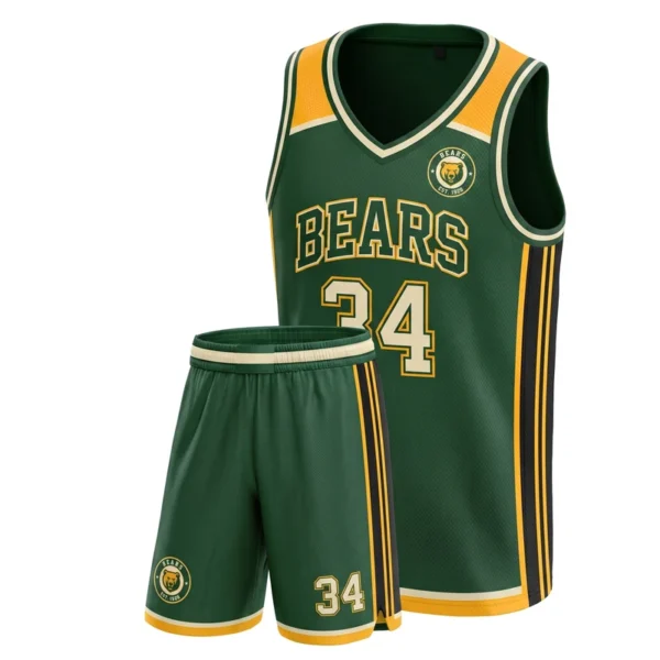 Custom basketball uniform - Bears s design in hunter green, jersey and matching shorts, design code CAP-BB-115
