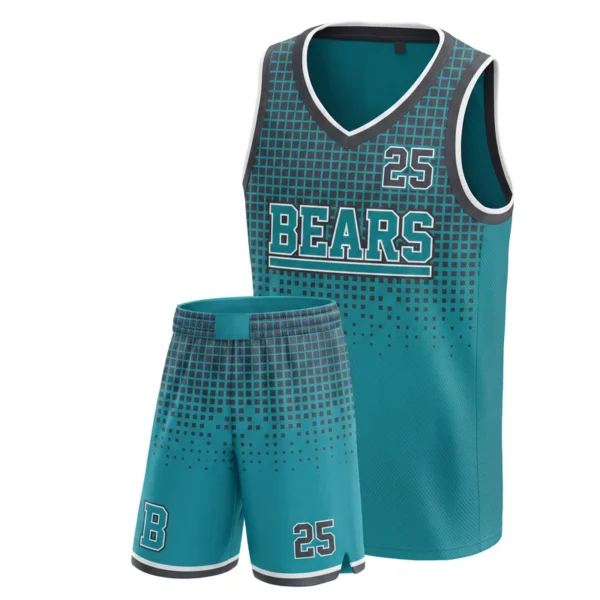 Custom basketball uniform - Bears pixel dissolve from the shoulders design in teal, jersey and matching shorts, design code CAP-BB-212