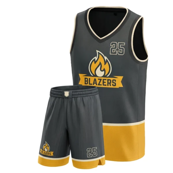 Custom basketball uniform - Blazers hem block design in charcoal, jersey and matching shorts, design code CAP-BB-305