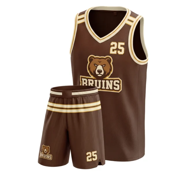 Custom basketball uniform - Bruins shoulder stripe pair design in brown, jersey and matching shorts, design code CAP-BB-307