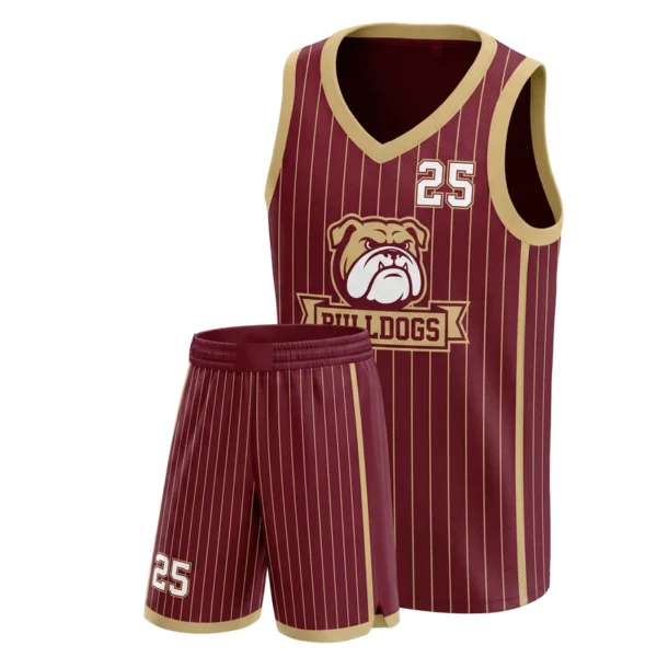 Custom basketball uniform - Bulldogs pinstripe design in maroon, jersey and matching shorts, design code CAP-BB-109