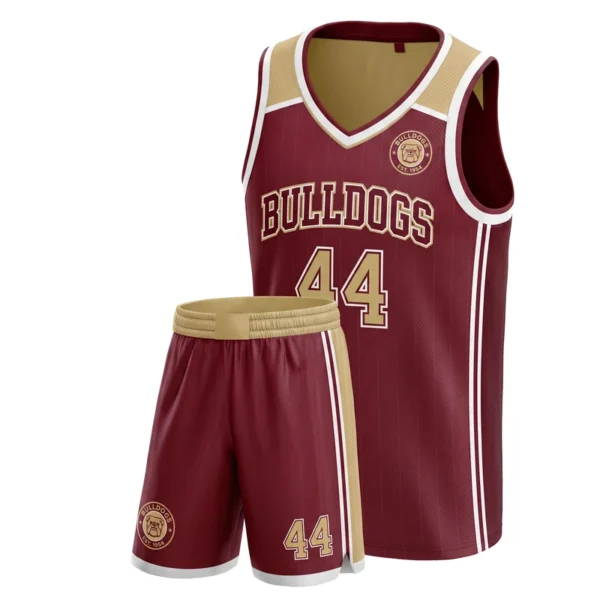 Custom basketball uniform - Bulldogs s design in maroon, jersey and matching shorts, design code CAP-BB-118