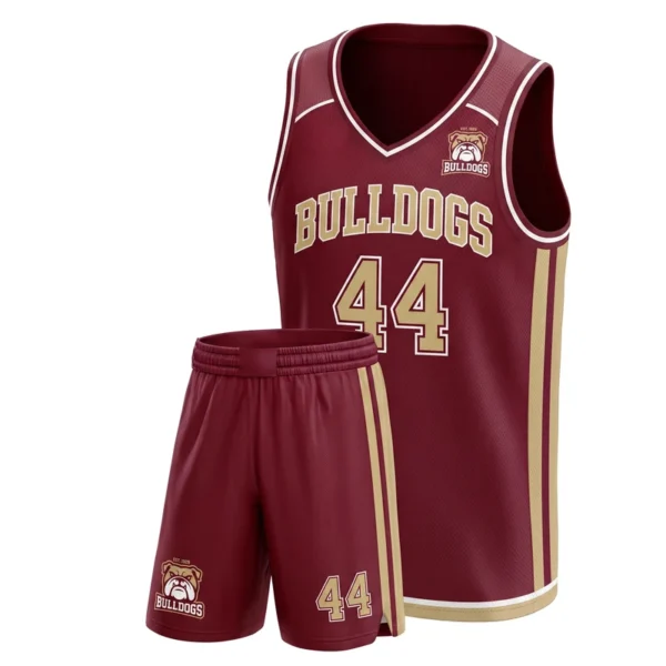 Custom basketball uniform - Bulldogs s design in maroon, jersey and matching shorts, design code CAP-BB-119