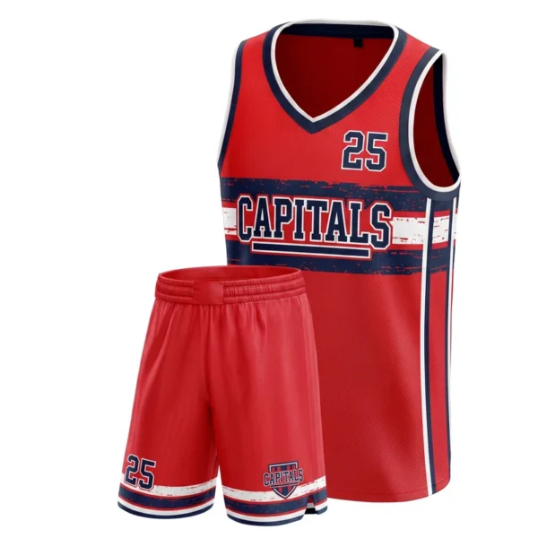 Custom basketball uniform - Capitals distressed stripe band design in red, jersey and matching shorts, design code CAP-BB-606