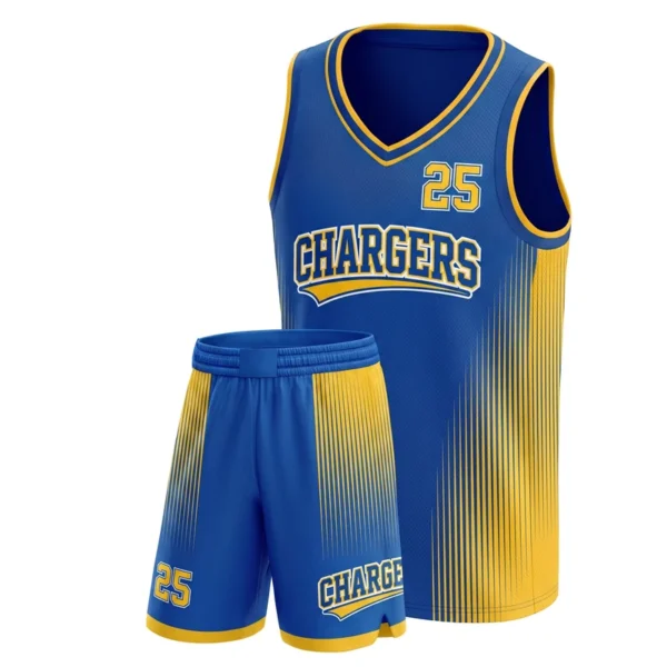 Custom basketball uniform - Chargers fine line fade design in royal blue, jersey and matching shorts, design code CAP-BB-206