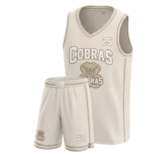 Custom basketball uniform - Cobras bone-out, tonal bands design in bone white, jersey and matching shorts, design code CAP-BB-408