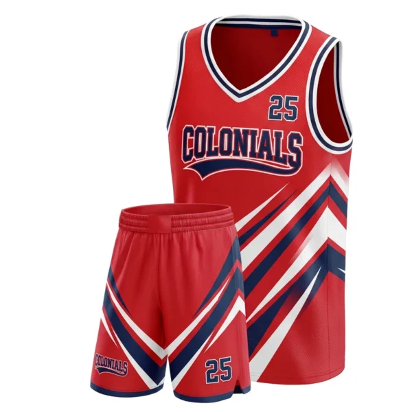 Custom basketball uniform - Colonials diagonal stripe sweep design in red, jersey and matching shorts, design code CAP-BB-602